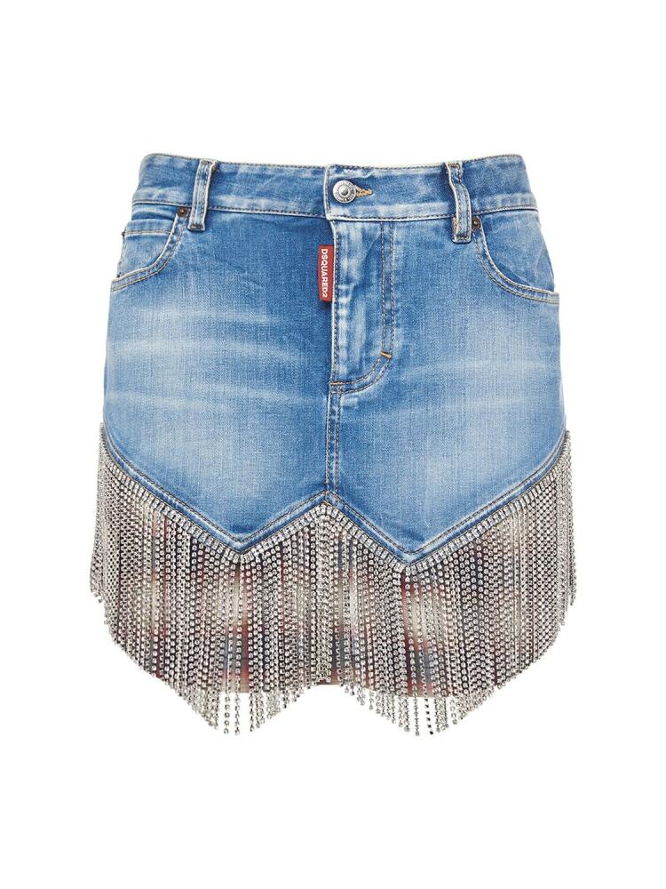 DSQUARED2 Crystal Fringe Denim Midrise Mini Skirt Cover