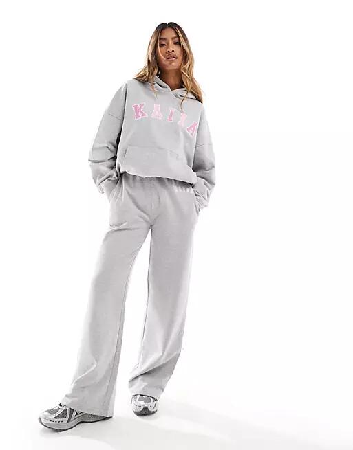 Kaiia contrast waistband drawstring wide leg sweatpants in light gray - part of a set Cover