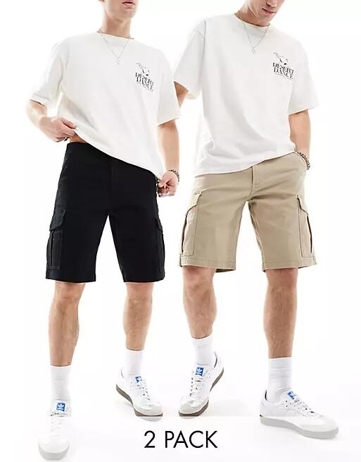 Jack & Jones 2 pack cargo shorts in black & beige Cover