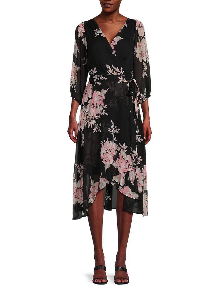 DKNY Women's Floral Midi Faux Wrap Dress - Black Multi Cover