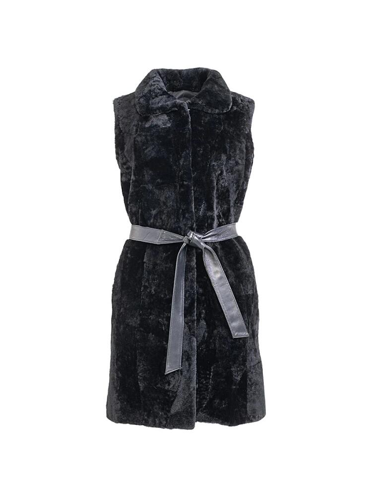 WOLFIE FURS Women's Made For Generations Long Shearling Belted Vest - Black Cover