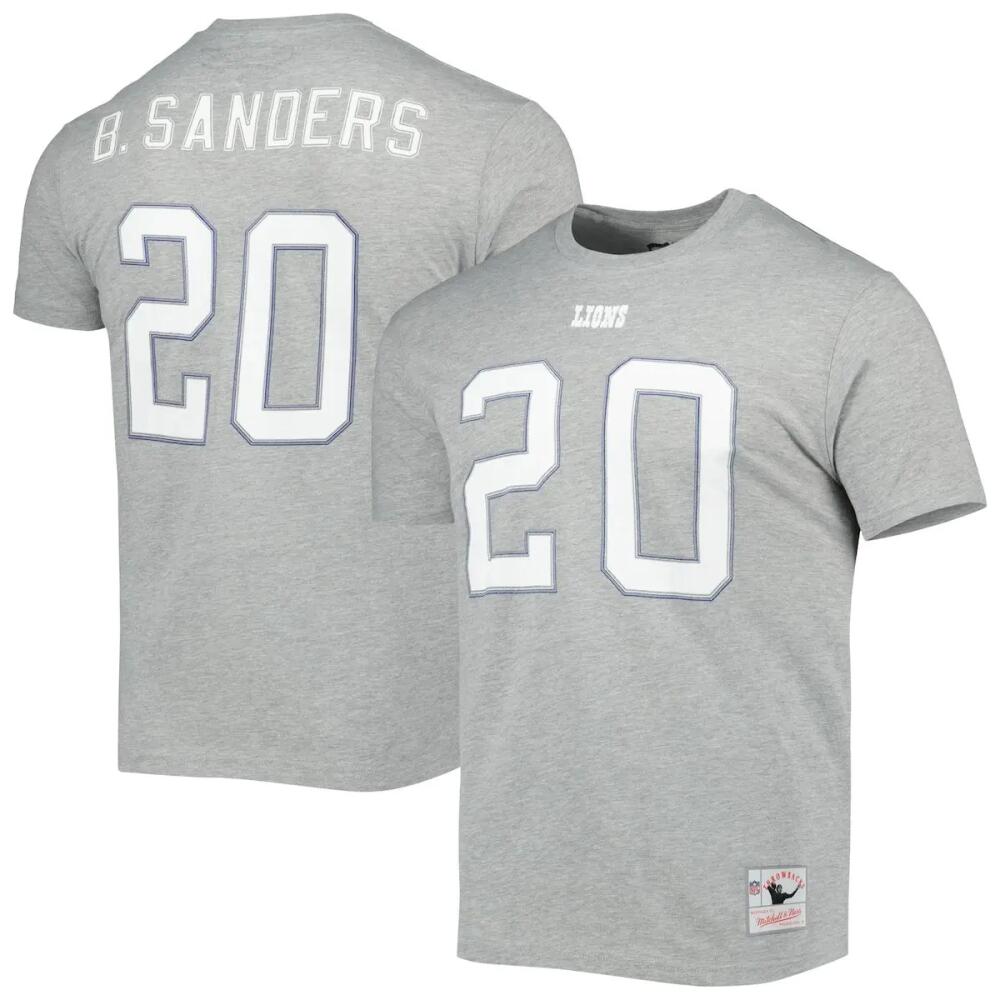 Men's Mitchell & Ness Barry Sanders Gray Detroit Lions Retired Player Logo Name & Number T-Shirt in Heather Gray Cover