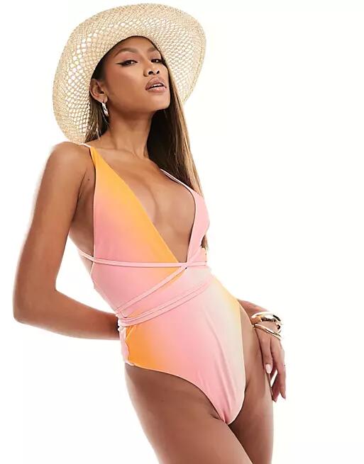 Simmi plunge cross back strappy tie waist swimsuit in pink and orange ombre-Multi Cover