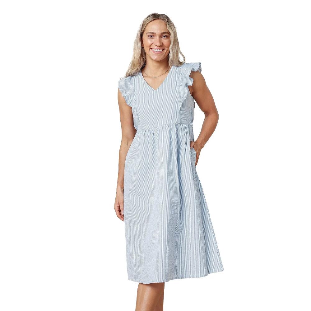 Hope & Henry Women's Flutter Sleeve Seersucker Dress in Blue Seersucker Cover