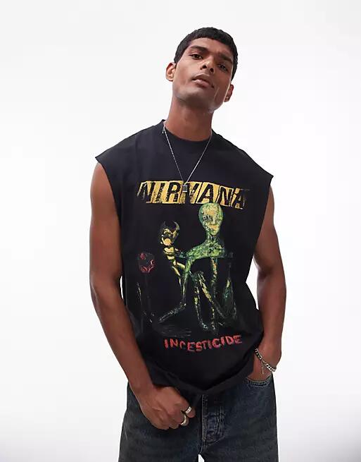 Topman oversized fit sleeveless tank top with Nirvana Incesticide in washed black Cover