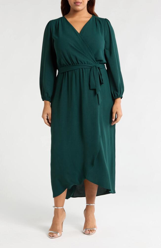 Connected Apparel Tie Waist Long Sleeve Wrap Dress in Pine Cover