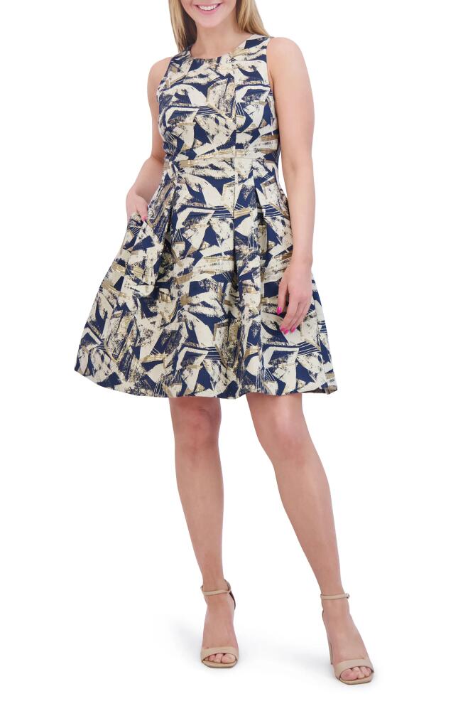 Vince Camuto Metallic Abstract Print Jacquard Fit & Flare Dress in Navy Cover