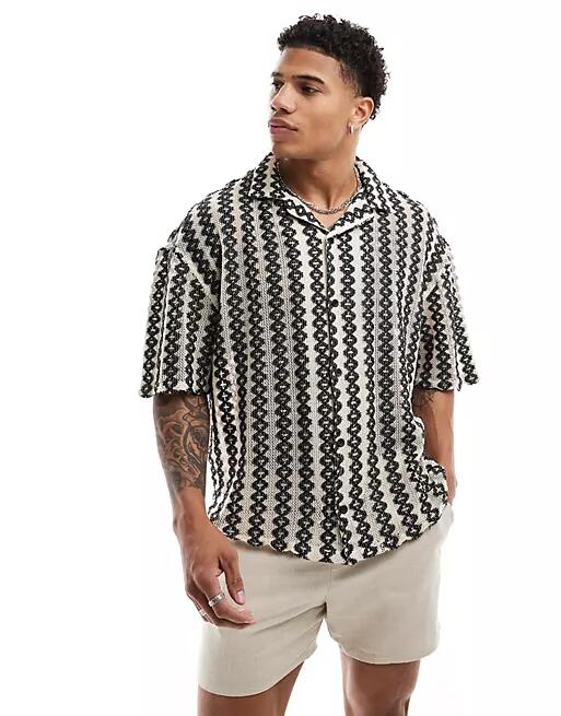 Pull & Bear textured geometric patterned shirt in black and white Cover