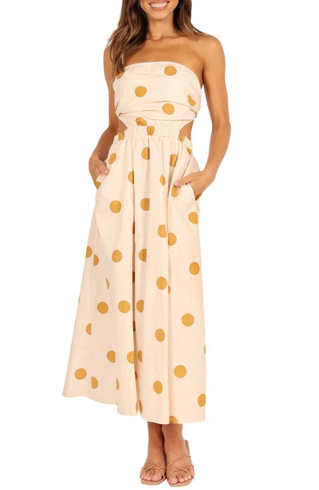 Petal & Pup Angelique Polka Dot Strapless Open Back Maxi Dress in Beige Spot Cover