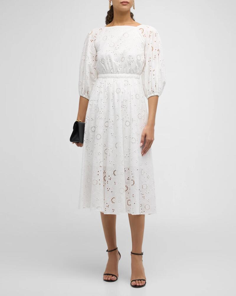 Carolina Herrera Shirred Puff-Sleeve Broderie Anglaise Midi Dress Cover