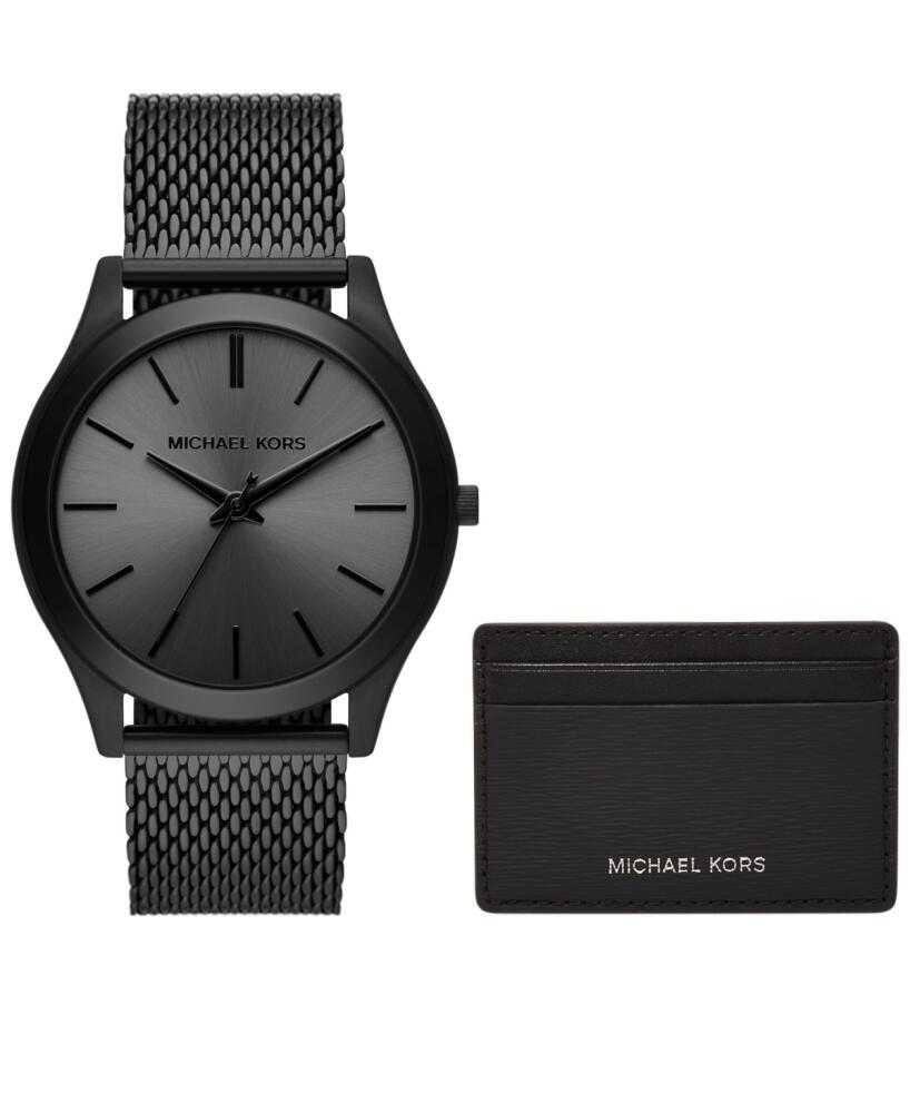 Michael Kors Men's Runway Three-Hand Black Stainless Steel Mesh Watch 44mm and Wallet Gift Set - Black Cover