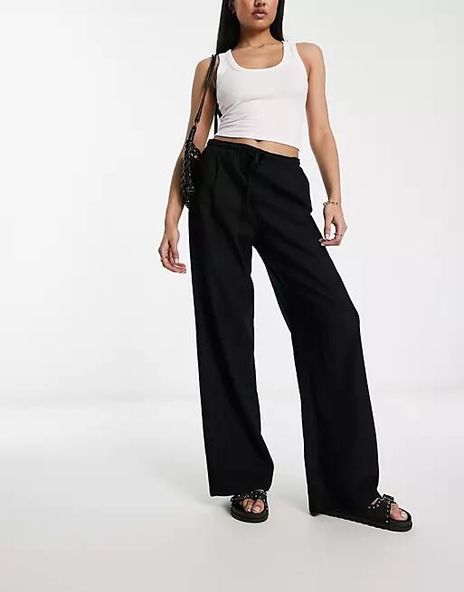 Bershka tie waist wide leg linen pants in black Cover