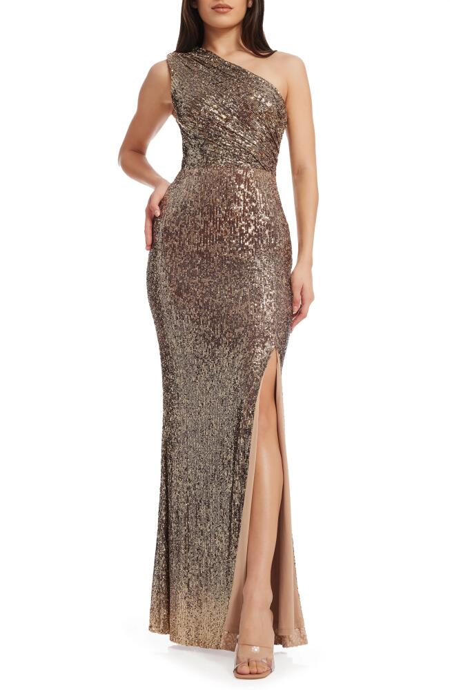 Dress the Population Sariah Sequin One-Shoulder Gown in Bronze Multi Cover