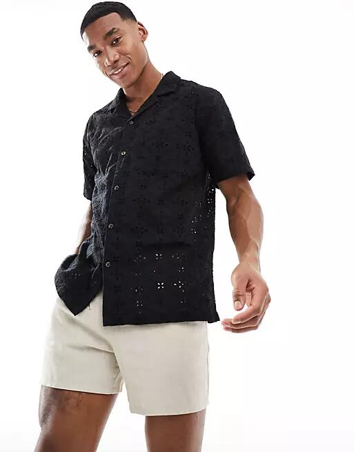 Cotton On relaxed camp collar shirt in black broderie Cover