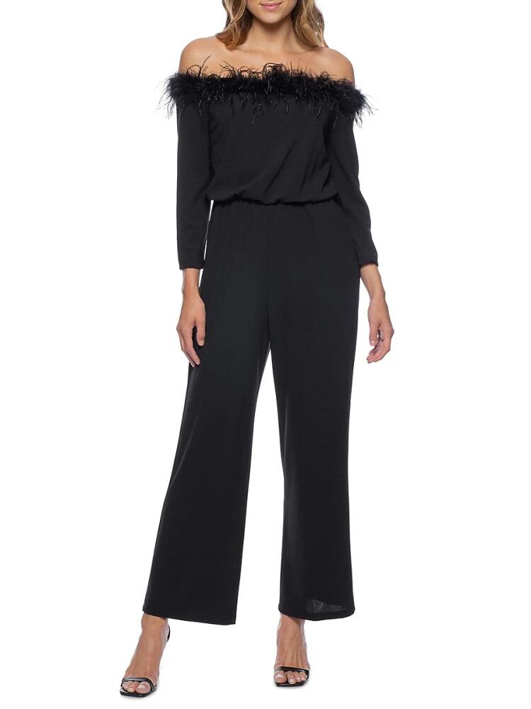 Marina Women's Off Shoulder Faux Feather Jumpsuit - Black Cover