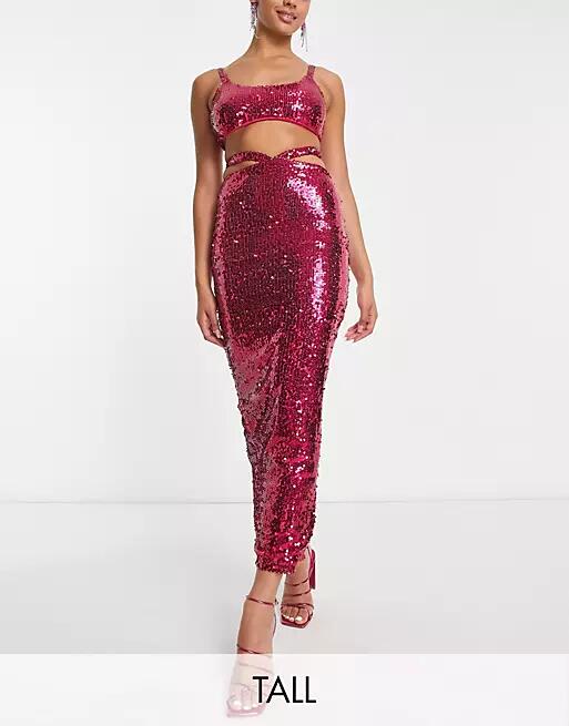 Simmi Tall sequin cut out waist maxi skirt in pink - part of a set Cover