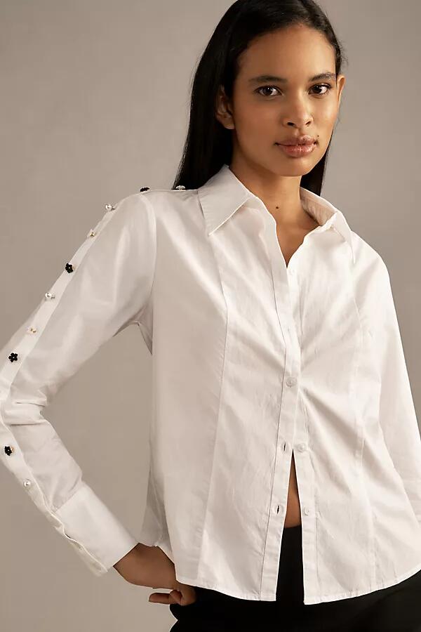 Maeve Button-Sleeve Collared Blouse Cover