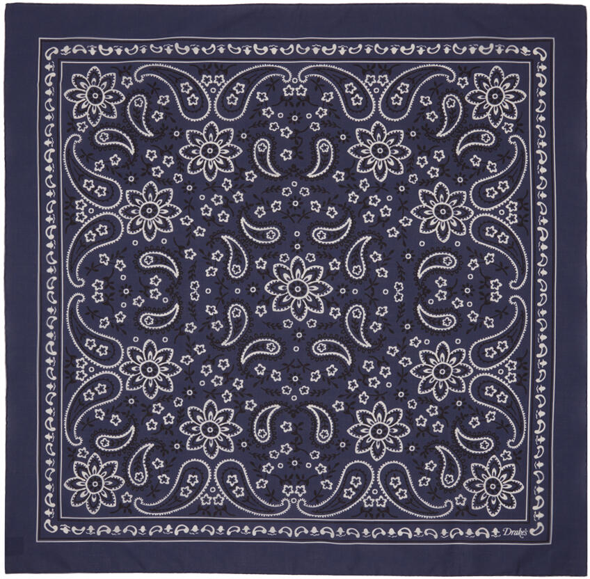 Drake's Navy Paisley Print Cotton Scarf Cover