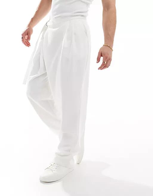 ASOS DESIGN smart wide leg pants with crossover side belt in white Cover