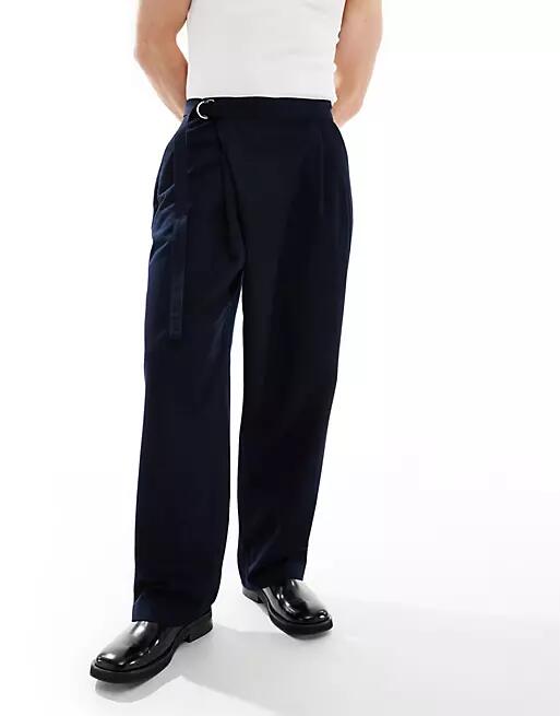 ASOS DESIGN smart wide leg pants with crossover side belt in navy Cover