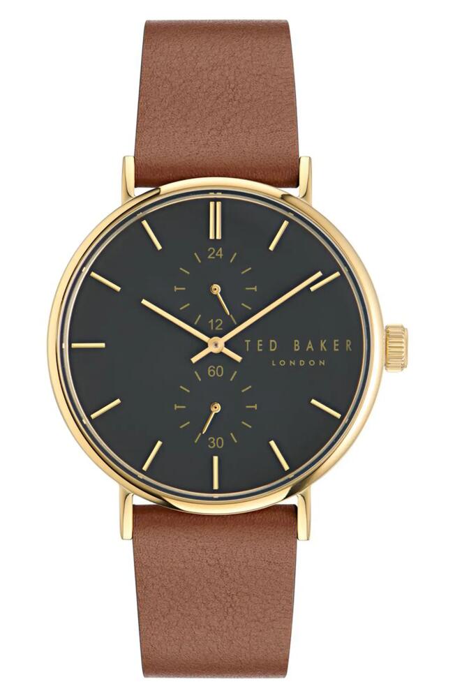 Ted Baker London Recycled Stainless Steel Leather Strap Watch, 41mm in Brown Cover