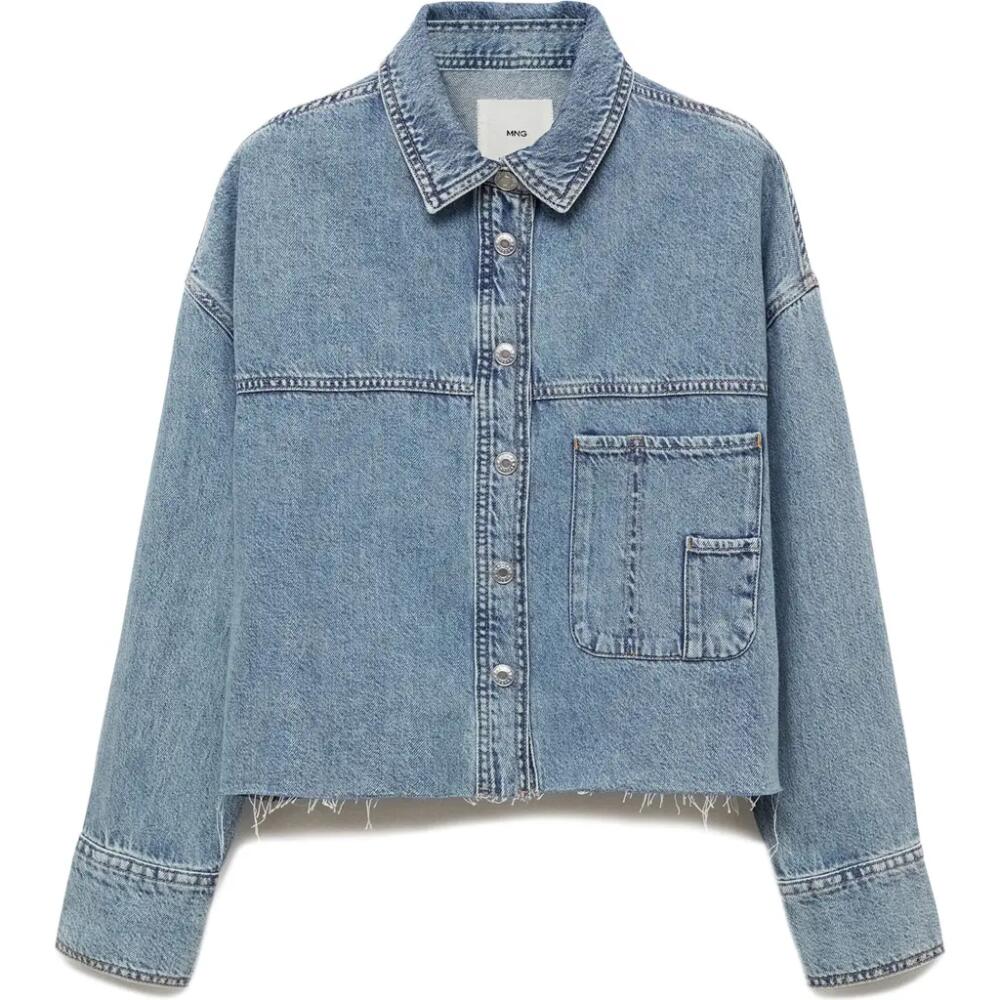 MANGO Frayed Hem Denim Overshirt in Medium Blue Cover