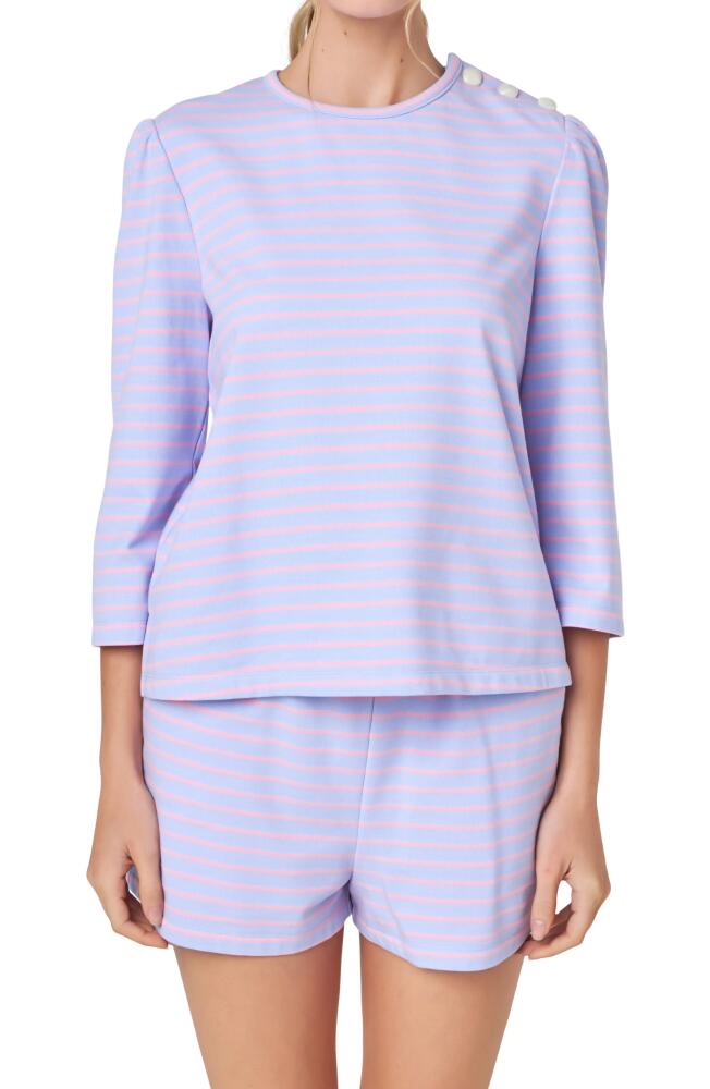 English Factory Puff Sleeve Breton Stripe Cotton Top in Lavender/Pink Cover