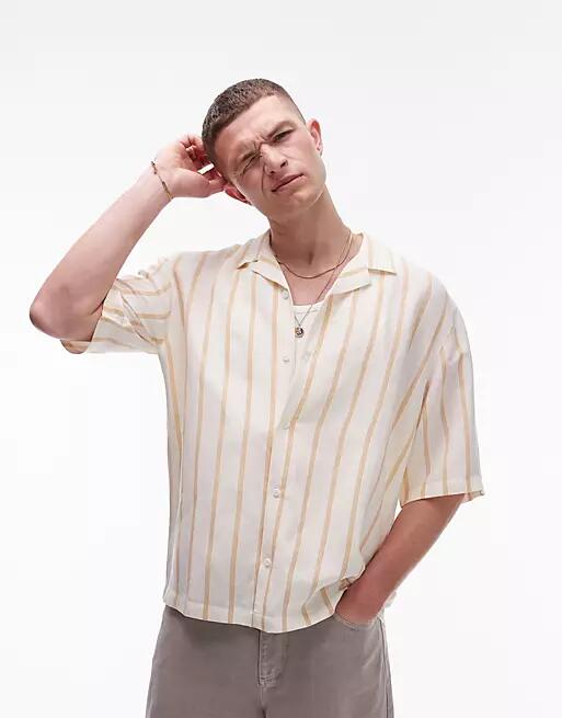 Topman short sleeve linen blend striped shirt in stone-Multi Cover