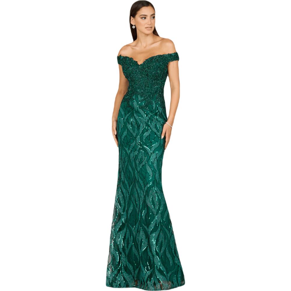 LARA New York Off Shoulder, Mermaid Lace Gown in Green Cover