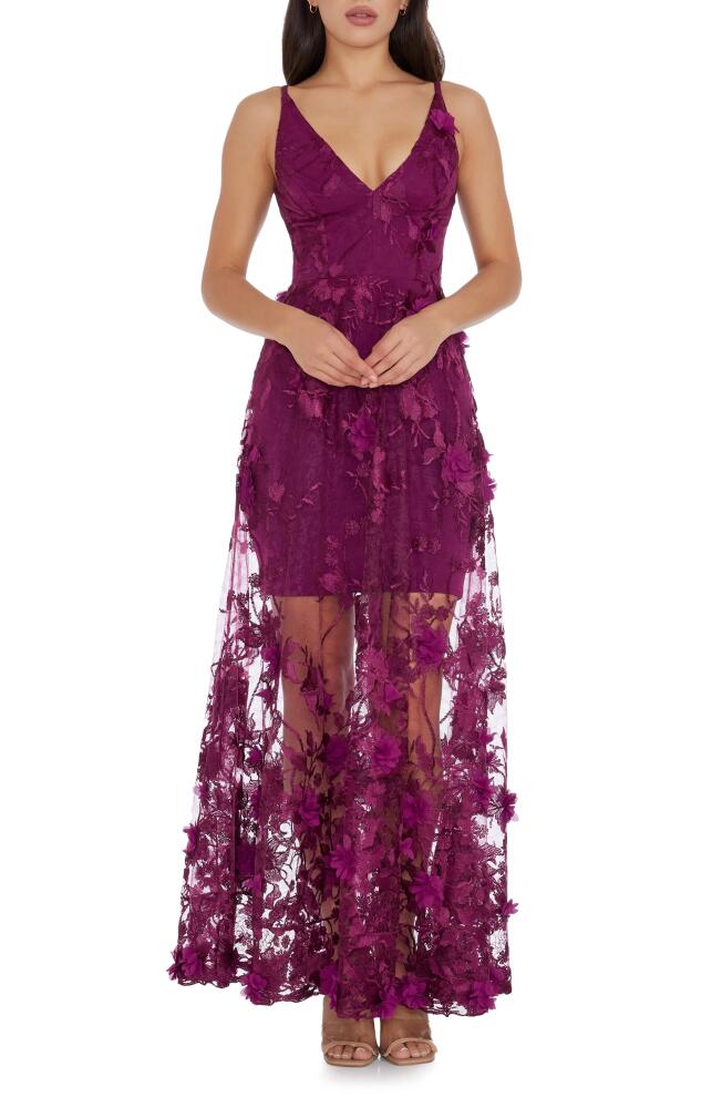 Dress the Population Sidney Deep V-Neck 3D Lace Gown in Dark Magenta Cover