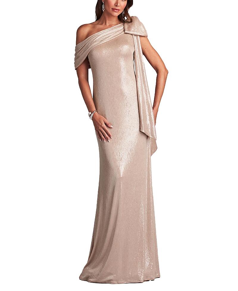 Tadashi Shoji Valia Bow-Shoulder Lame Gown Cover