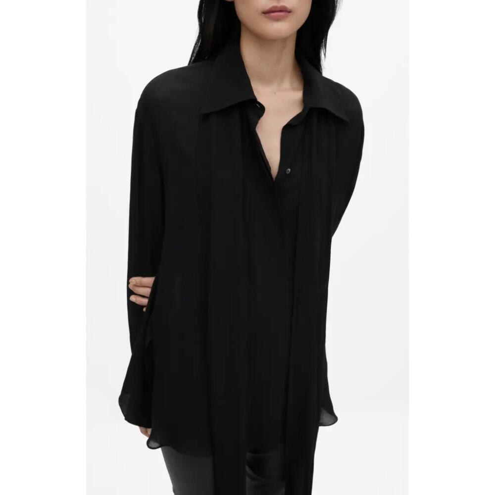 MANGO Tie Neck Semisheer Button-Up Shirt in Black Cover