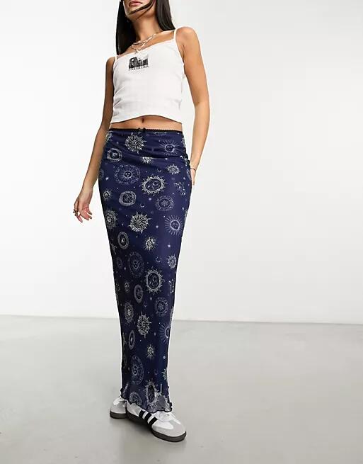 Daisy Street maxi mesh skirt in blue mix print Cover