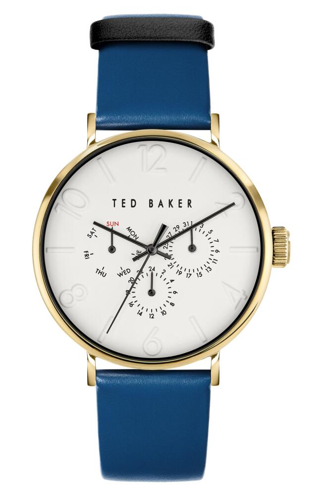 Ted Baker London Phylipa Gents Leather Strap Watch, 41mm in Gold/White/Blue Cover