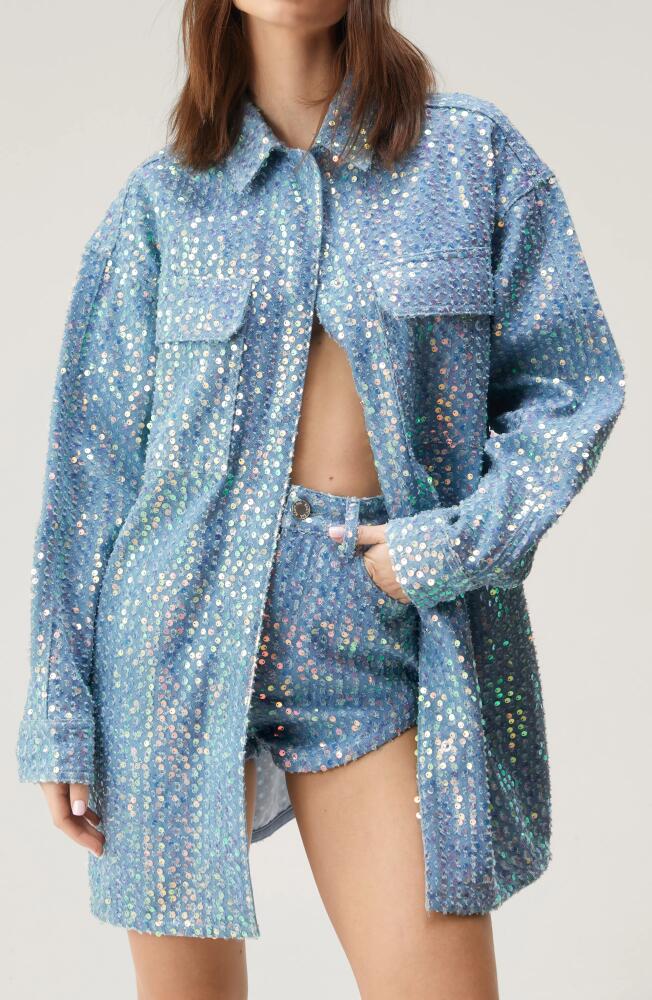 NASTY GAL Sequin Denim Oversize Snap-Up Shirt in Light Wash Cover