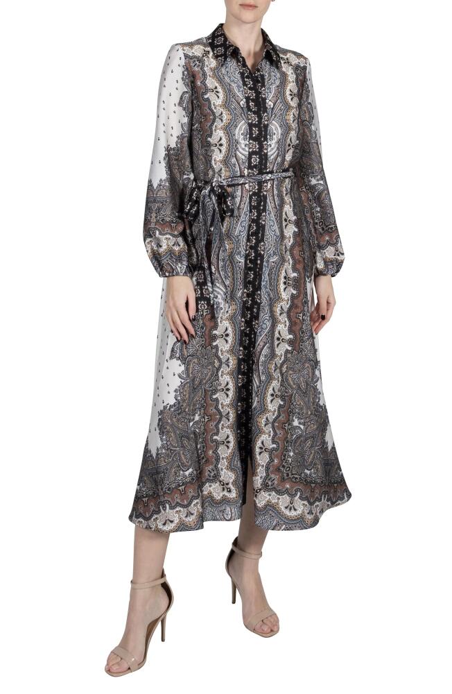 Julia Jordan Tie Belt Long Sleeve Midi Shirtdress in Black Multi Cover