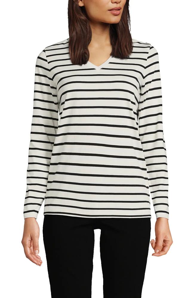 Lands' End Relaxed Supima Cotton Long Sleeve V-Neck T-Shirt in Ivory/black Breton Stripe Cover