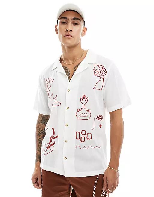 Cotton On relaxed linen mix camp collar shirt with doodle embroidery - part of a set-White Cover