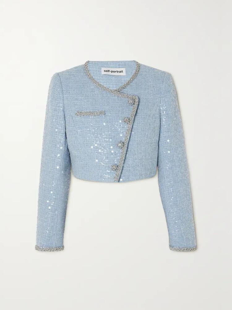 Self-Portrait - Cropped Embellished Sequined Bouclé Jacket - Blue Cover