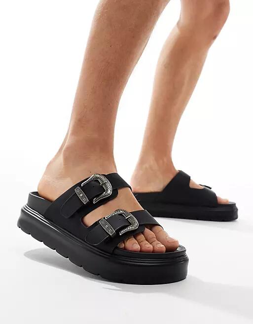 Bershka double strap buckle detail sandal in black Cover