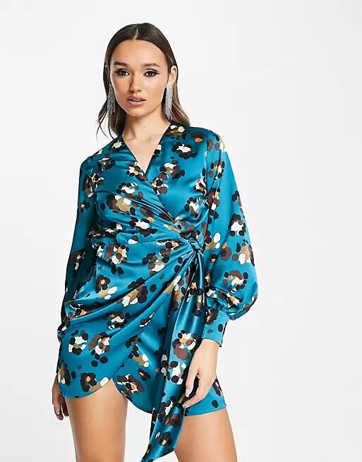 Never Fully Dressed wrap tie mini dress in teal leopard-Green Cover