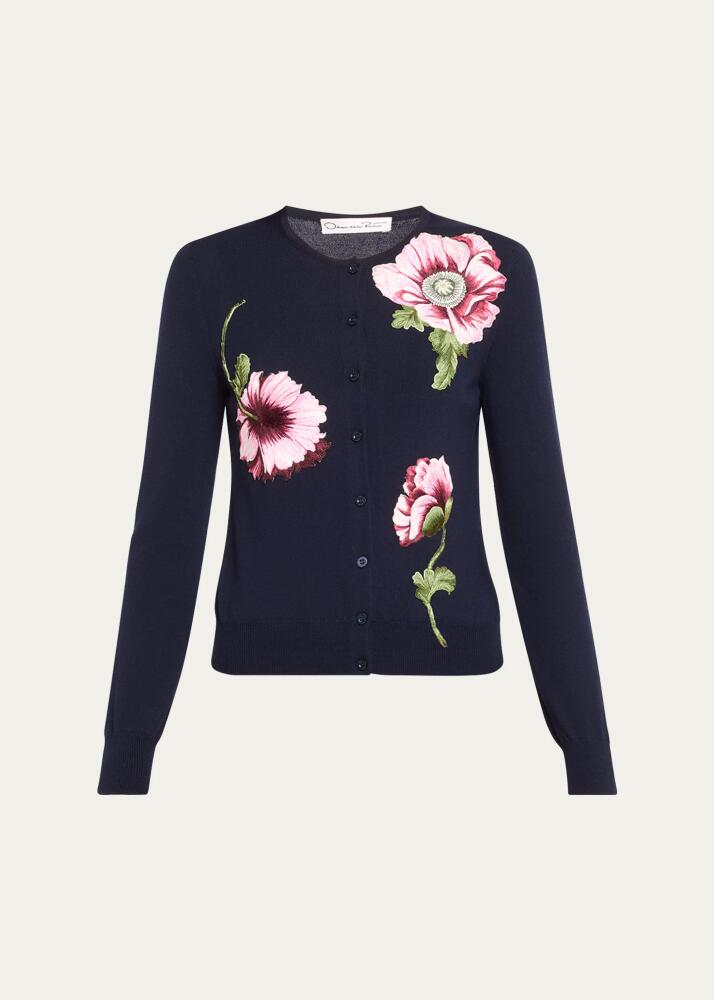 Oscar de la Renta Wool Knit Cardigan with Threadwork Embroidered Poppies Cover