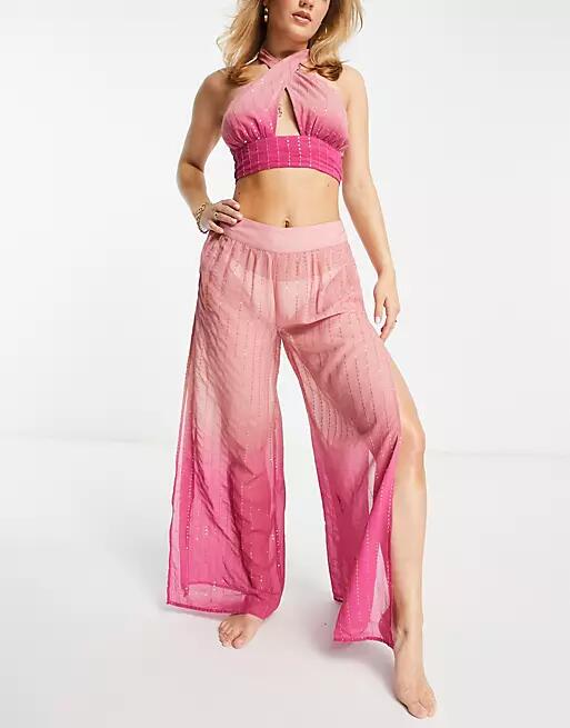 River Island sequin ombre fringed palazzo beach pants in bright pink Cover