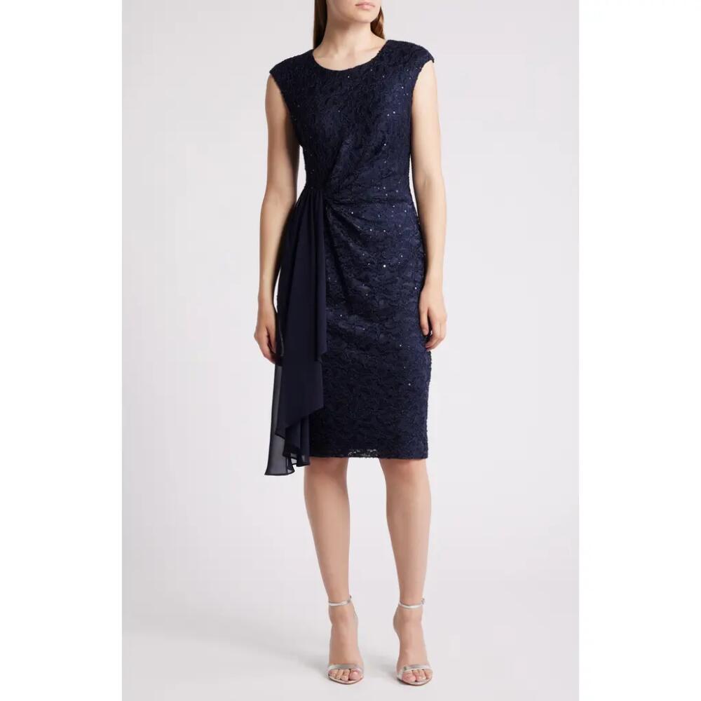 Connected Apparel Sequin Lace Cocktail Dress in Navy Cover