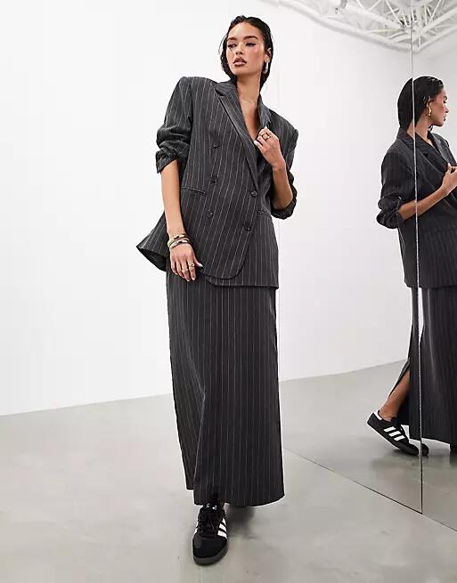 ASOS EDITION tailored maxi skirt in charcoal pinstripe-Black Cover