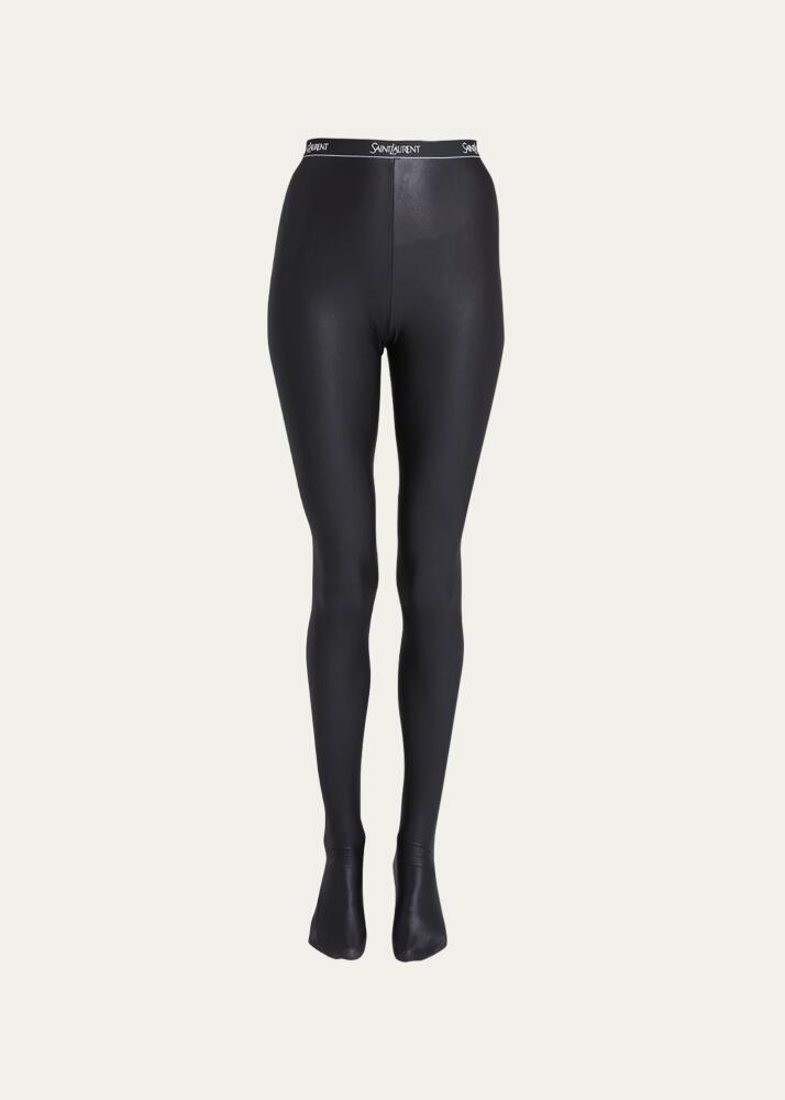 Saint Laurent Shiny Footed Leggings with Logo Band Cover