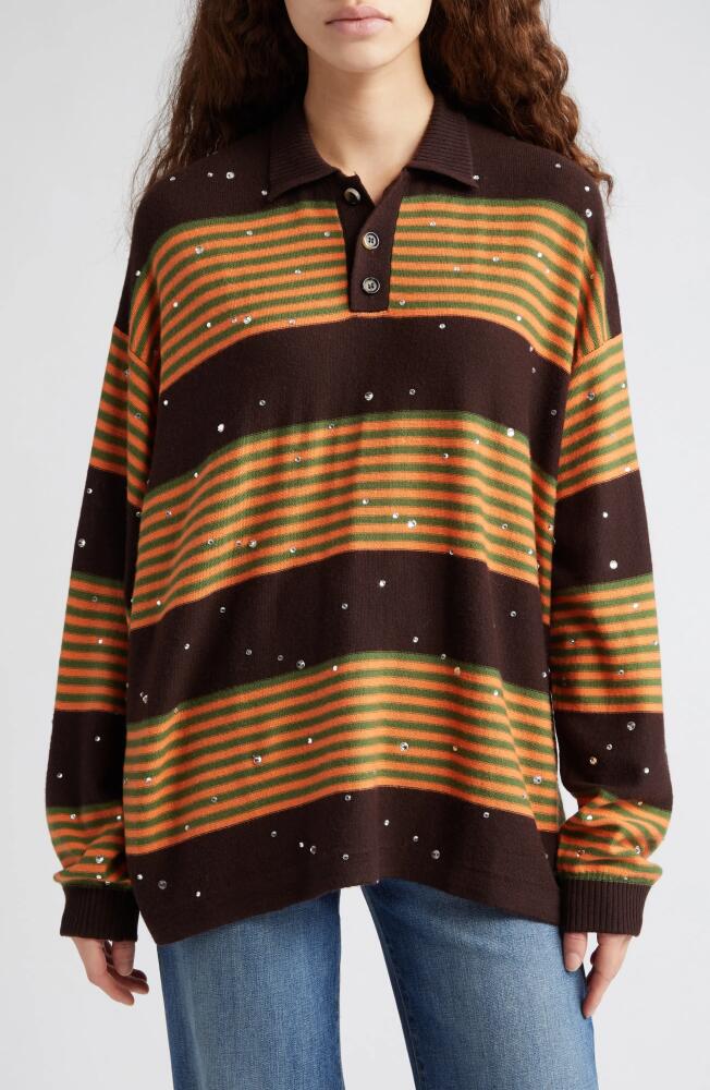 Bode Crystal Embellished Stripe Merino Wool Polo Sweater in Brown Multi Cover