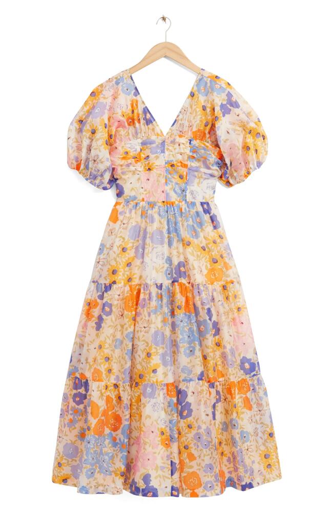 & Other Stories Floral Print Puff Sleeve Dress in Yellow/Blue Multi Flower Cover