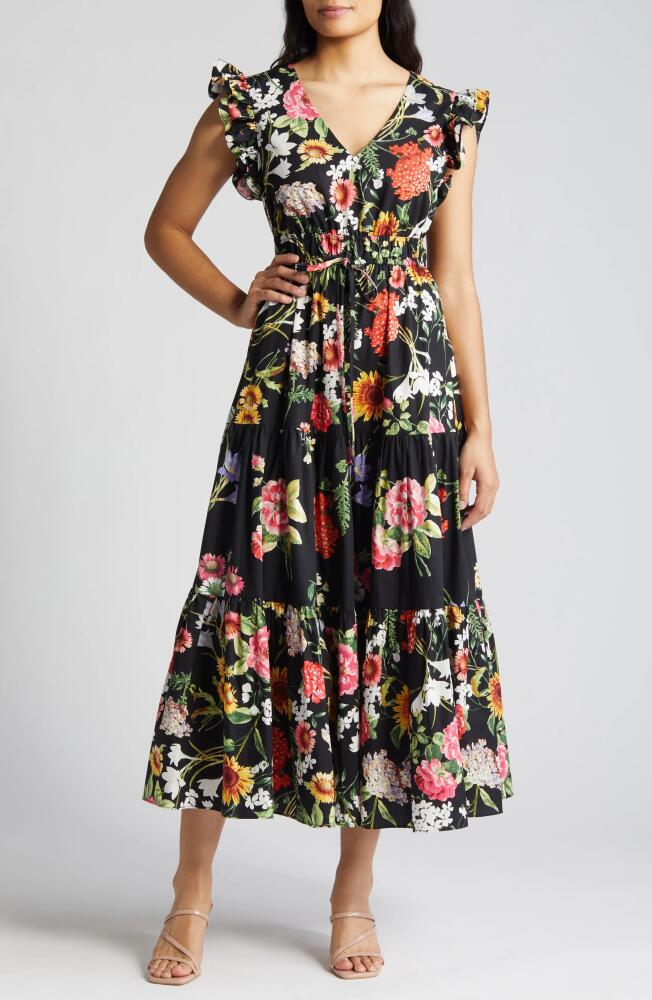 Anne Klein Floral Tiered Cotton Maxi Dress in Anne Black Multi Cover