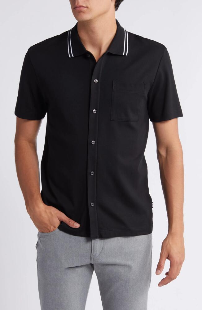 BOSS Powell Tipped Short Sleeve Knit Button-Up Shirt in Black Cover